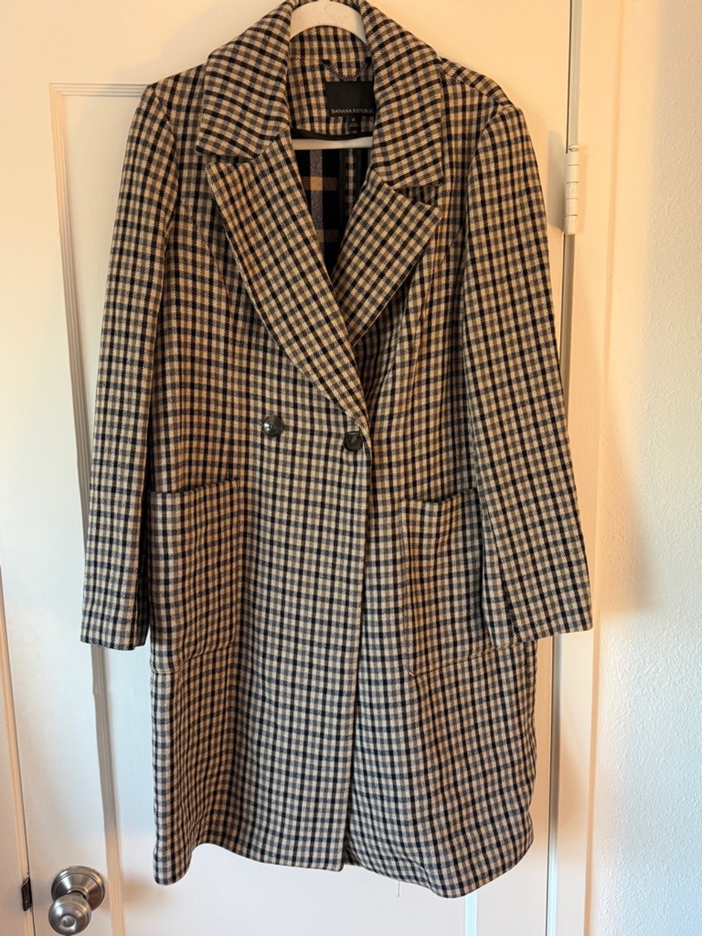 Banana Republic Women's Checked Long Coat - Green, Black, & Cream